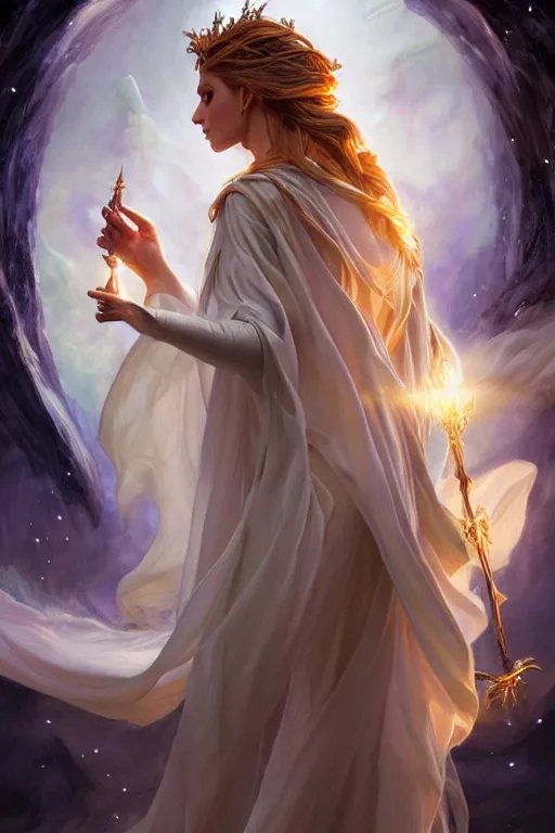 Prompt: white witch crafting magic spells, side view, crafting spells, bright witch, flying, fantasy, chaos, magic, dark magic, dramatic lighting, intricate, wild, highly detailed, digital painting, artstation, concept art, smooth, sharp focus, illustration, art by artgerm and greg rutkowski and alphonse mucha, footage from space camera