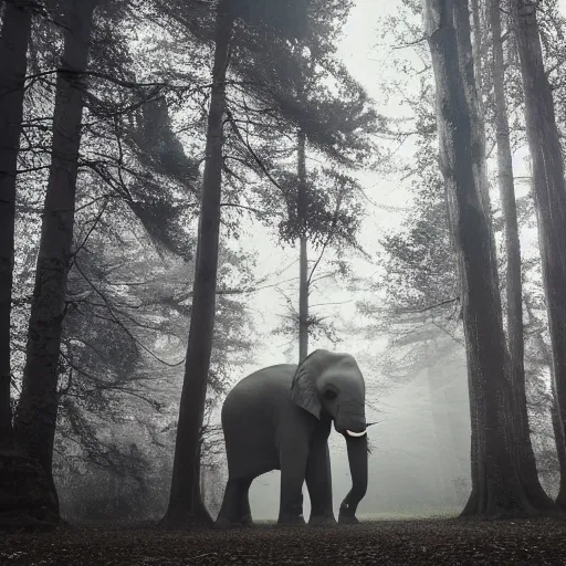 Prompt: giant elephant in white spacesuit as astronaut in the woods, foggy mood, overcast bokeh - c 5 - n 9