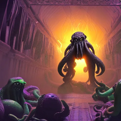 Image similar to Cthulhu in the style of Monsters Inc., high quality, hyper detailed, dramatic lighting, 8k cinematic