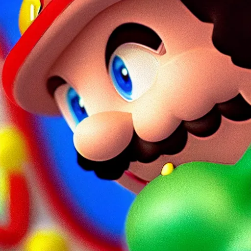 Prompt: Zoomed cropped closeup of unexpected voyeuristic eye contact with Super Mario, Technicolor, telephoto lens, vintage photograph