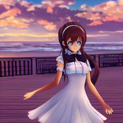 Prompt: Detailed anime key visual of Monika, from Doki Doki Literature Club, wearing a white dress at Santa Monica Pier