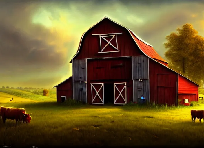Image similar to A barn at an Iowan farm, barndoors broken open by baba yaga's hut, game art matte painting hyperdetailed, artstation, cgsociety, 8k, surreal dream landscape