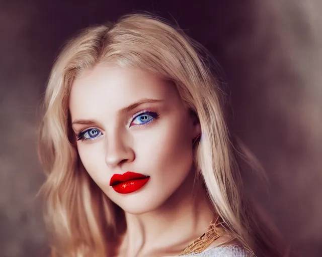 Image similar to A portrait of a beautiful blonde woman with beautiful blue eyes and beautiful red lips, piercing eyes, in heaven, highly detailed, bokeh, professional photograph, 4K, HD