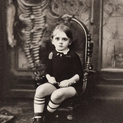 Image similar to a photo of young sad victorian gothic child with big eyes and wide grin sitting on a sofa of bones surrounded by a cyber futuristic cityscape made of human body parts, 5 0 mm, perfect faces