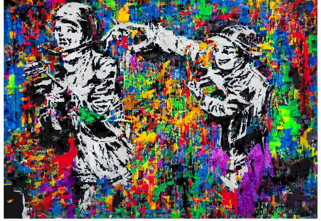 Image similar to full color banksy graffiti anti art, rage against the status quo, detailed, realistic, glitch art effect