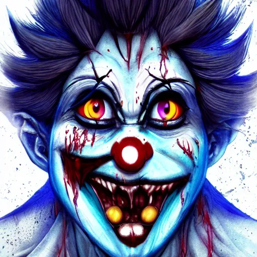 Image similar to 4K headshot of godlike clown with blue skin with defined arms and open hands and bloody clothes with giant mandala wings , white intricate scary clown makeup , flawless anime cel animation by Kentaro Miura, psychedelic , highly detailed upper body , professionally post-processed , beautiful, scary, symmetry accurate features, epic, octane rendered, anime masterpiece, accurate