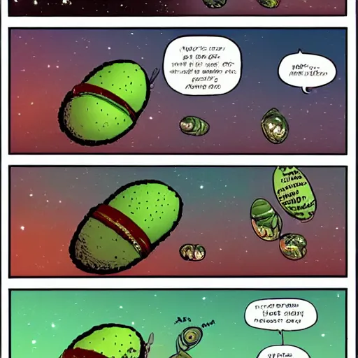 Image similar to a 3 panel comic strip about avocadoes in space, style of bill watterson