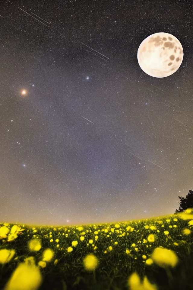 Prompt: low angle, shot from below. two very large moons in night sky. milky way and galaxies in the night sky, galaxies. 3 0 second shot. heavy meteor shower. field of big frozen yellow flowers. f 1. 8 lens, 1 6 mm, lens flare, glow, bokeh. high detail. photorealistic, romantic