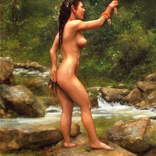 Prompt: !dream a barbarian woman washing her hair in a stream with her back turned, bending over, full body, by frank franzetta