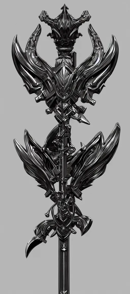 Image similar to a black and silver sword skull crest, orthographic, ornament, weapon, a 2 d render by dom qwek, front side, concept art, trending on polycount, artstation, hard surface modeling, rendered in maya, zbrush, hd, vray, blizzard, symmetry