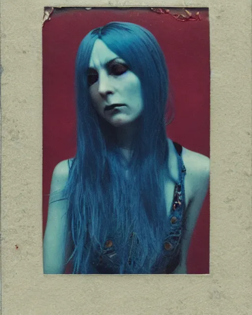 Prompt: an instant photo of a beautiful but sinister woman in layers of fear, with haunted eyes and blue hair, 1 9 7 0 s, seventies, delicate embellishments, a little blood, crimson, painterly, offset printing technique, mary jane ansell