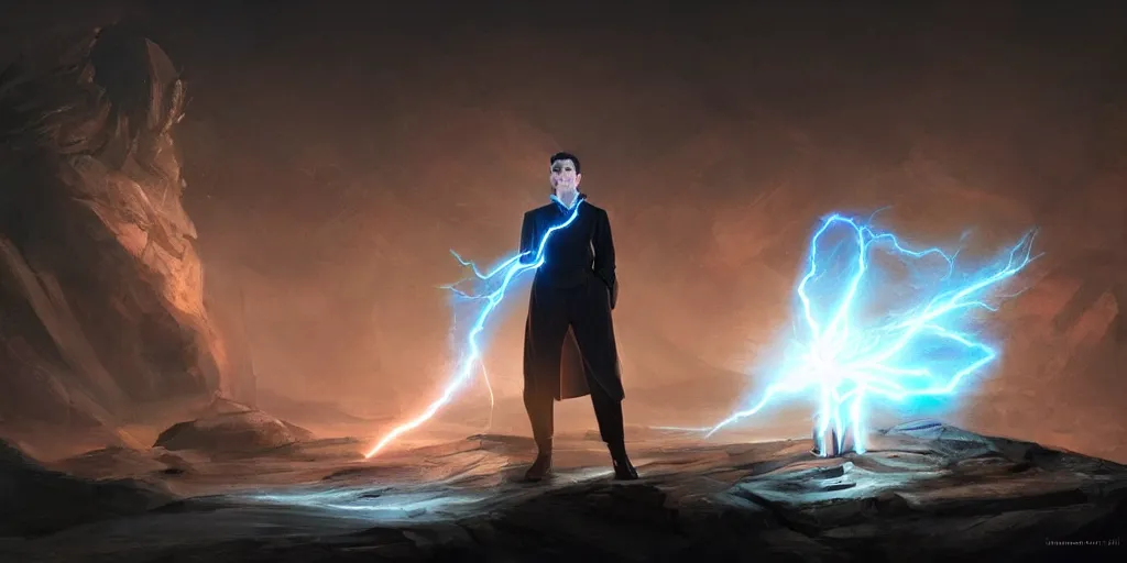 Prompt: a nikola tesla like male sorcerer casting a lighting spell, light rays, bloom, dramatic lighting, epic composition, concept art, trending on artstation, by dan luvisi, jason chan and gilles beloeil