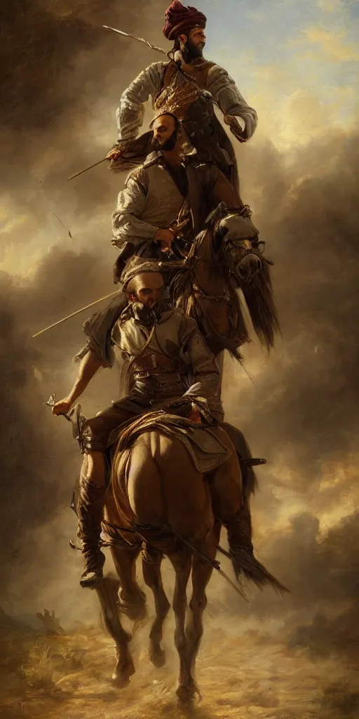 Image similar to Highly detailed and cinematic romantic period oil painting of an Arabian soldier riding a rearing horse, strong atmosphere, oil painting masterpiece by Josep Tapiró Baró, RPG portrait, dynamic lighting, 8K