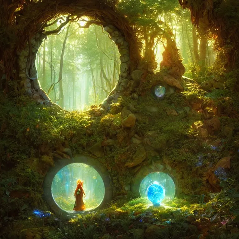 Prompt: Fantasy Magical fairy-tale glowing stone portal in the forest. Round stone portal teleport in trees to other worlds. Fantastic landscape. Magic Altar in the fores, highly detailed, digital painting, concept art, smooth, sharp focus, illustration, art by greg rutkowski and alphonse mucha