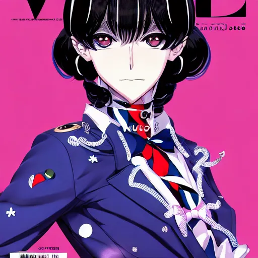 Image similar to Magazine Cover Anime key visual of a Gucci girl; official media; typography; drawn by Hirohiko Araki; Jojo's Bizarre Adventure; Jojolion, portrait, made by Stanley Artgerm Lau, WLOP, Rossdraws, James Jean, Andrei Riabovitchev, Marc Simonetti, Yoshitaka Amano, ArtStation