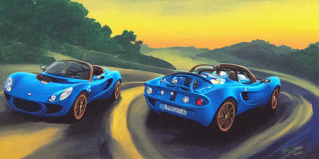 Image similar to blue lotus elise on a windy mountain road at sunset, art by studio ghibli