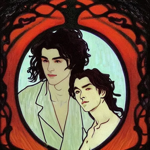 Image similar to painting of young cute handsome beautiful dark medium wavy hair man in his 2 0 s named shadow taehyung and cute handsome beautiful min - jun together at the graveyard party, ghostly, haunted gravestones, ghosts, autumn! colors, pretty, elegant, wearing suits!, clothes!, delicate facial features, art by alphonse mucha, vincent van gogh, egon schiele