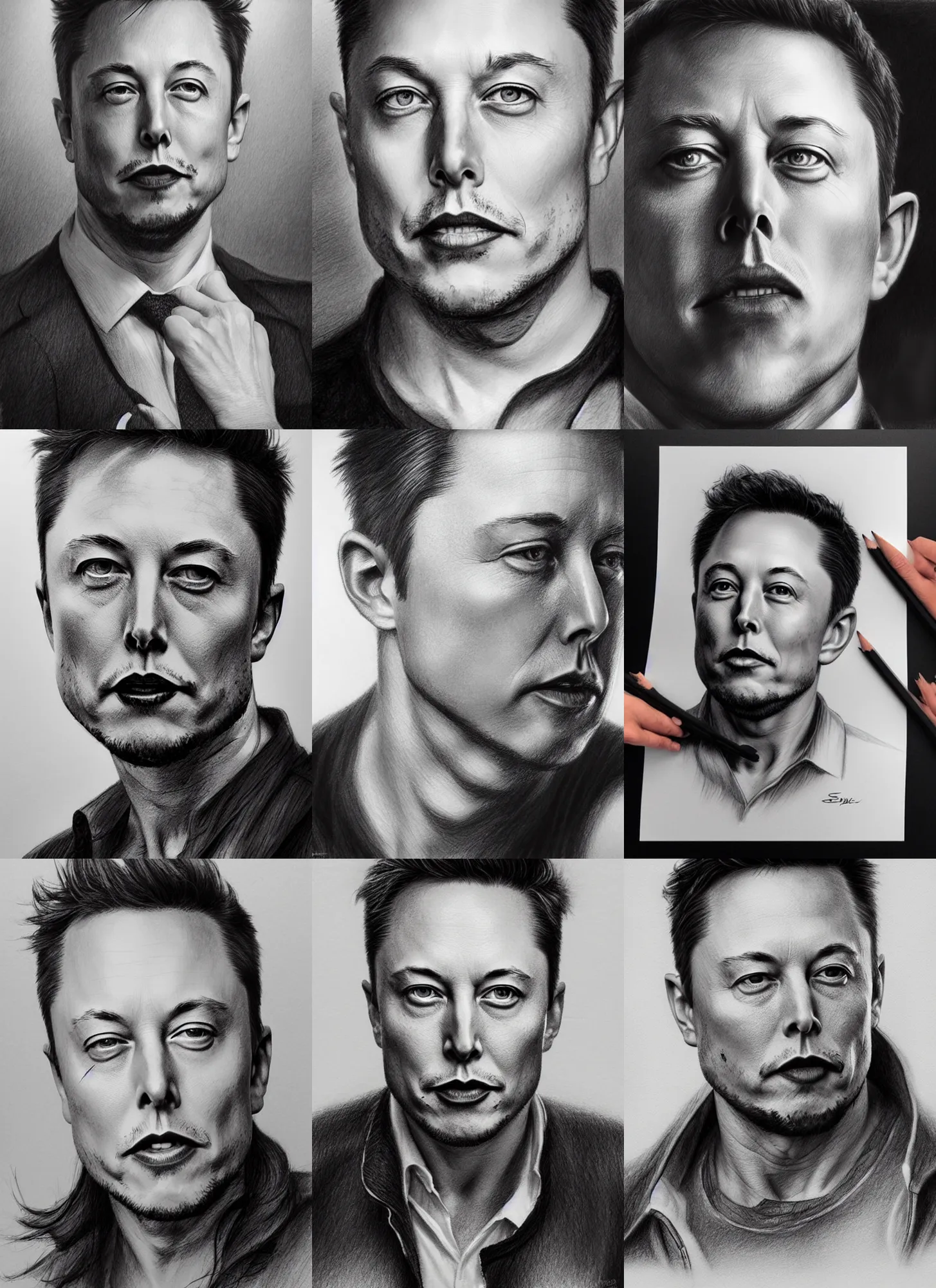 Prompt: pencil drawing of elon musk, hyper realistic face, in the style of greg rutkowski, fantasy, amazing detail, epic, elegant, smooth, sharp focus, from the front
