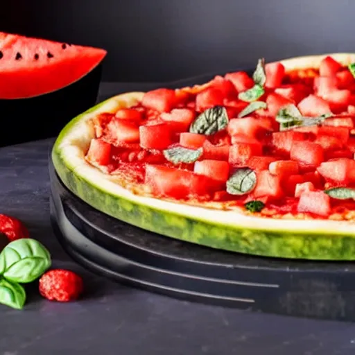 Image similar to a pizza topped with watermelon