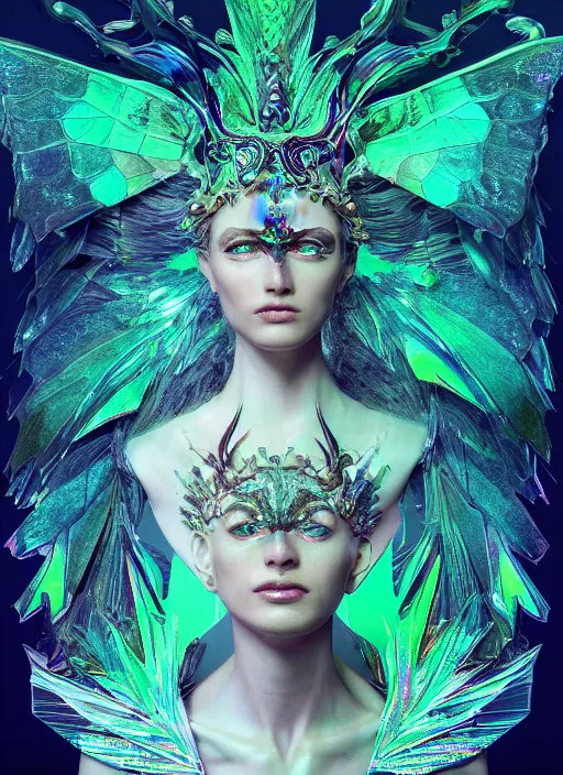 Prompt: a hybrid humanoid androgyne muse with recursively horned wing crown attached to side of xenopunk head, concept art, sculpted iridescent optical mineralogy features, intricate detail, holographic, pixel sorting, style by James Jean, circuitry, organic detail, asymmetry, cinematic, epic wide shot, ultra detailed, artstation, sharp focus,smooth, cinematic lighting, cinematic detail, composition, photorealistic, render in unreal engine 5, golden ratio, 8k render