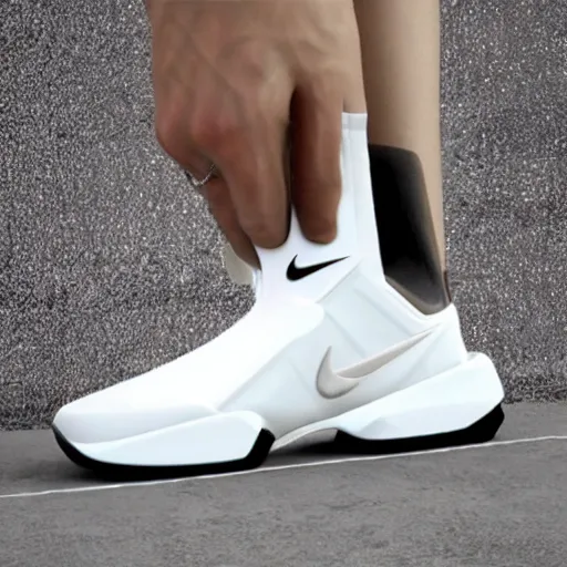 Prompt: a futuristic white nike shoe inspired by spaceship, sci fi with technical mech details and jelly like midsole