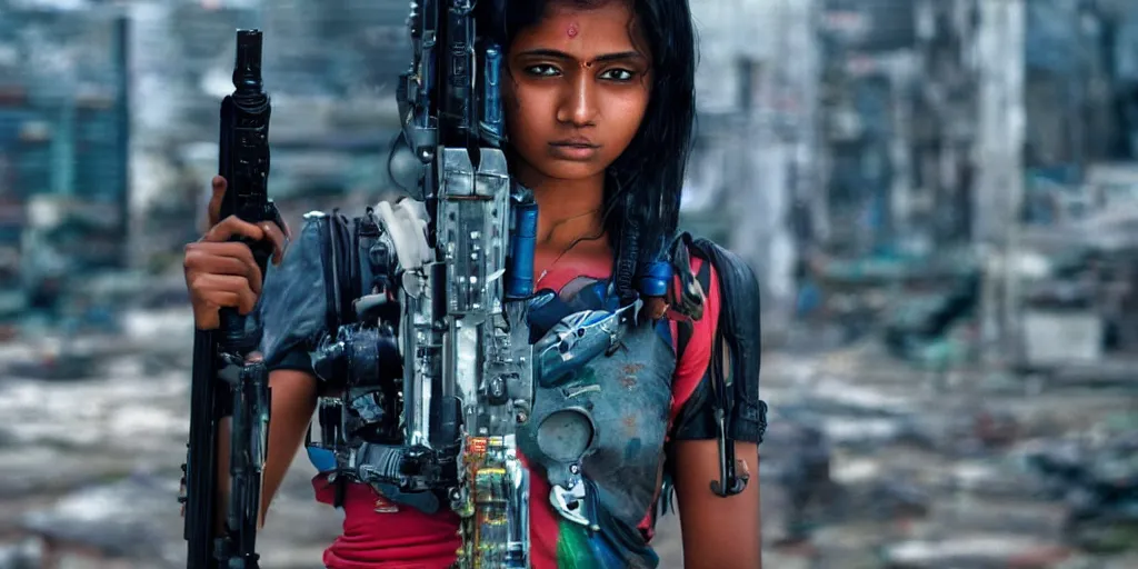 Image similar to sri lankan cyberpunk girl, film still, epic shot cinematography, rule of thirds, colorful, sci - fi tech style