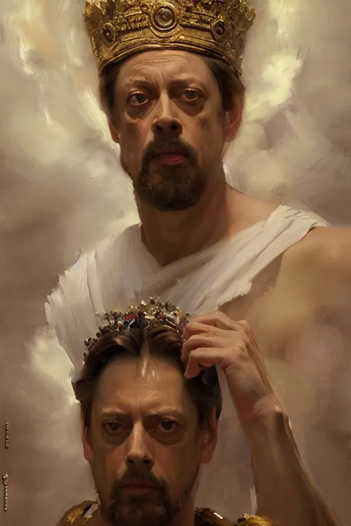 Image similar to beautiful impressionistic oil painting portrait of ancient roman god emperor steve buscemi ascending wearing the civic crown levitating in religious pose, art by anders zorn, wonderful masterpiece by greg rutkowski, expressive brush strokes, beautiful cinematic light, american romanticism by greg manchess, jessica rossier