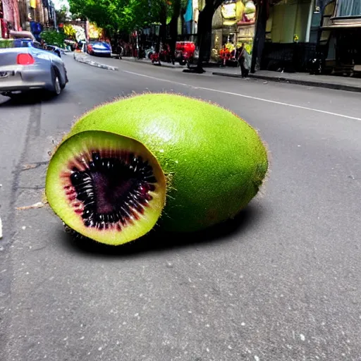 Prompt: huge kiwi fruit cut in half in the middle of the street, photographed