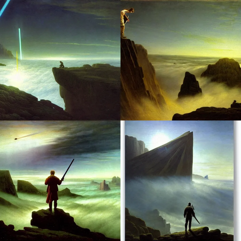 Prompt: Jedi falling off a cliff, wanderer above the sea of fog by caspar david friedrich, dramatic lighting, stardestroyer in the background, epic, galaxy, extreme detail