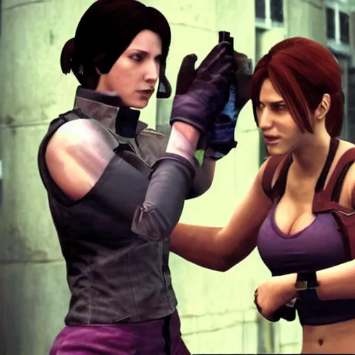 Image similar to Jill Valentine arguing with Claire Redfield about who\'s the most popular character, video game still.