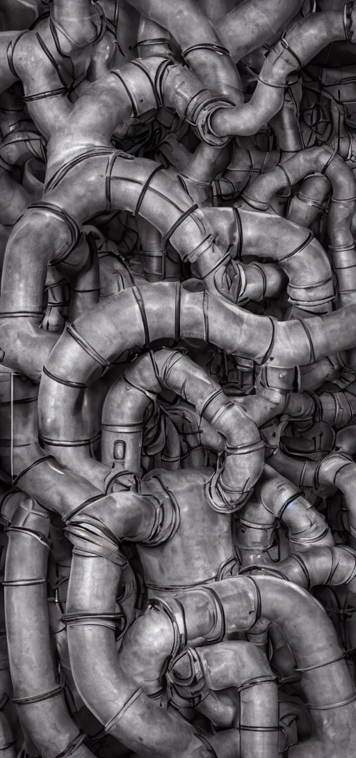 Prompt: a human dissolving into machinery and pipes