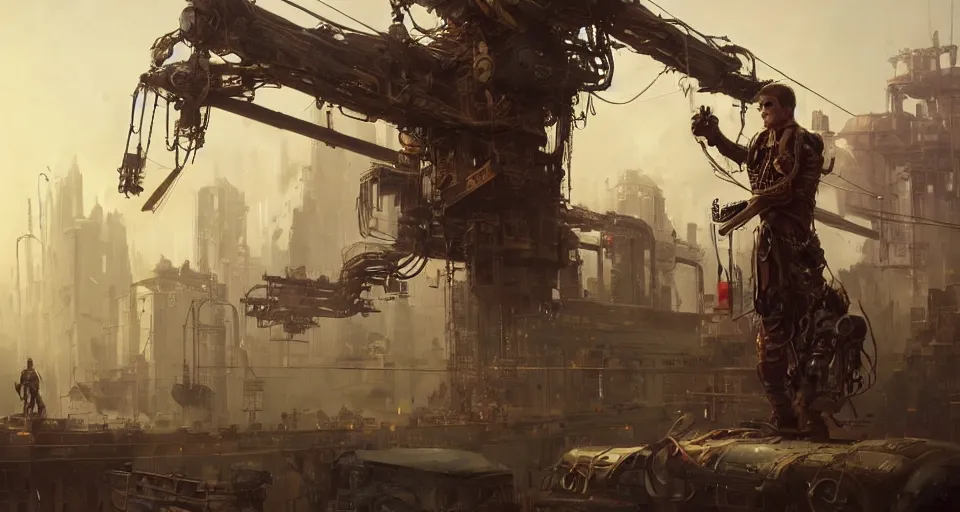 Image similar to a highly detailed epic cinematic concept art CG render digital painting artwork scene: retrofuturistic 1920s cyberpunk steampunk combustion engine forcibly sewn to a man's back. By Greg Rutkowski, Ilya Kuvshinov, WLOP, Stanley Artgerm Lau, Ruan Jia and Fenghua Zhong, trending on ArtStation, made in Maya, Blender and Photoshop, octane render, excellent composition, cinematic dystopian brutalist atmosphere, dynamic dramatic cinematic lighting, aesthetic, very inspirational, arthouse