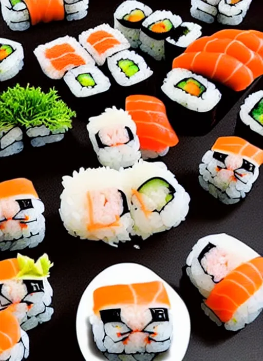 Image similar to clear photorealistic picture of adorable cats made out of sushi