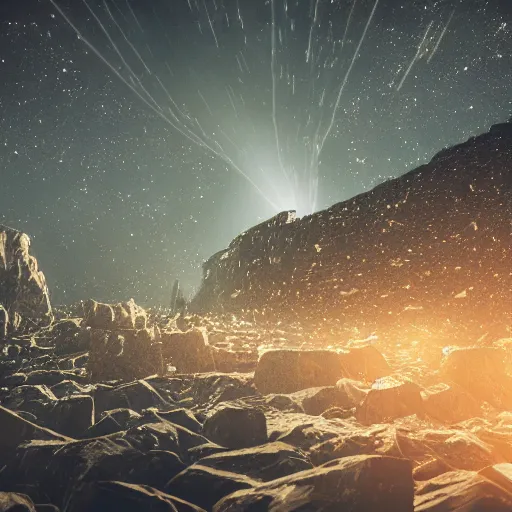 Image similar to falling lights in crystal clusters buoying you into the future the intricate beauty of the rock music fades in the heavens are here, 8 k, octane render