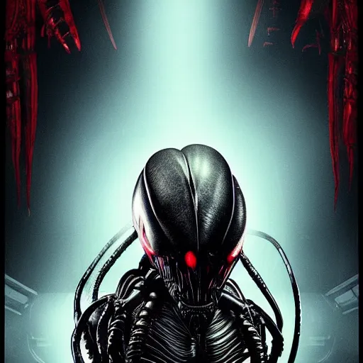 Prompt: xenomorph and predator movie poster.