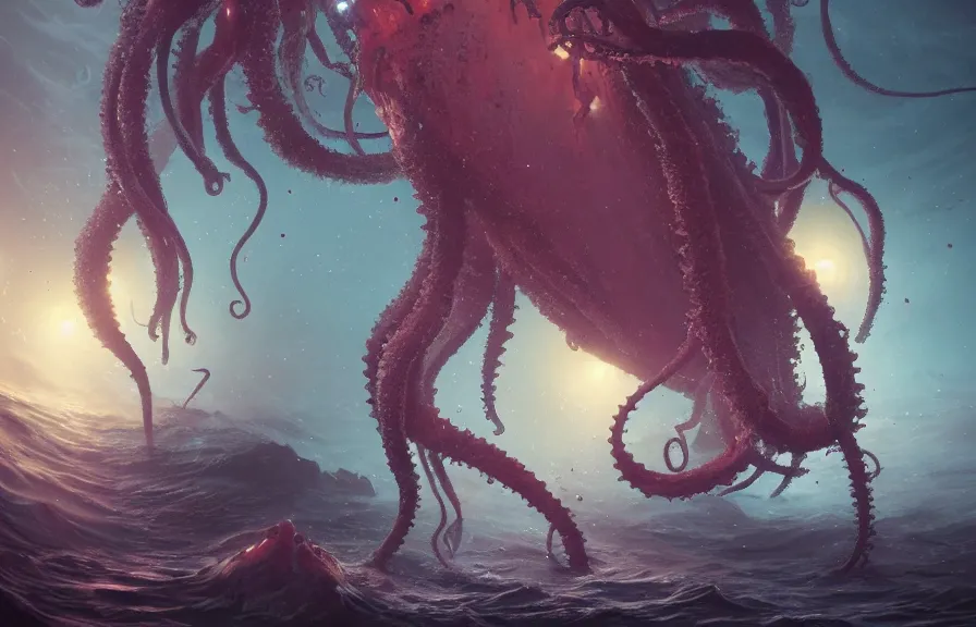 Prompt: deep sea jellyfish monster with huge tentacles, glowing deep sea life, eldritch horror, character art by Greg Rutkowski, 4k digital render