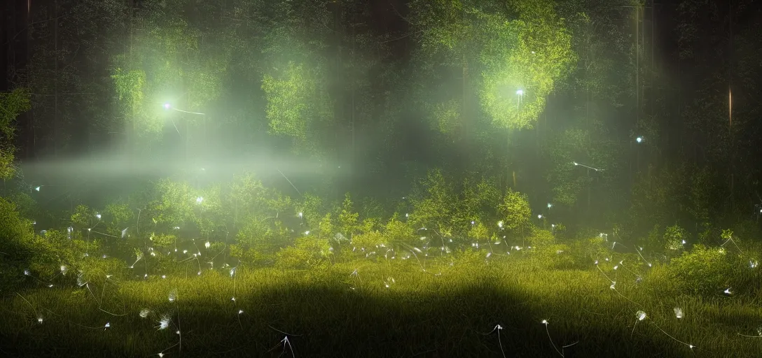 Prompt: beautiful view of a forest and a river, glowing dandelion seeds, fireflies, magical fairy dust, glowing water with caustics, mystical atmosphere, dappled light, reflections, light rays. refraction, symmetry, cinematic lighting, ultra detailed, sharp, ambient occlusion, bloom, raytracing, by dylan cole, sebastian meyer and jordan grimmer