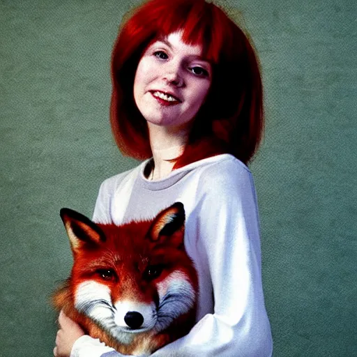 Image similar to portrait of a red haired woman, in 7 0 s clothes, holding a fox over her head while roller skating