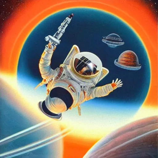 Prompt: corgi cosmonaut in outer space, sci - fi, extremely detailed illustration, beautiful, stunning, david a. hardy, chesley bonestell, robert mccall, kilian eng