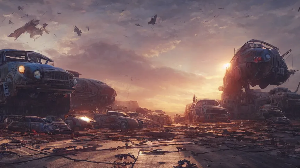 Prompt: a Photorealistic hyperrealistic render of a gigantic spaceship landing at a Junkyard full of weathered vehicles by PIXAR,Greg Rutkowski,Nicolas Bouvier SPARTH,James Paick,WLOP,Artgerm,dramatic moody sunset lighting,long shadows,Volumetric, cinematic atmosphere, Octane Render,Artstation,8k