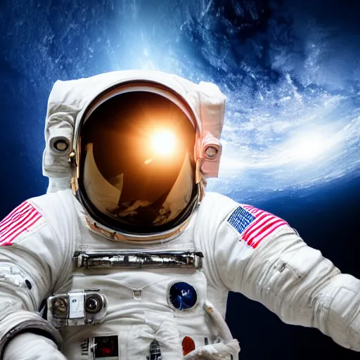 Image similar to photograph of an astronaut against the darkness of space, singular light source from below, full body photo, amazing light and shadow contrast, 8 k