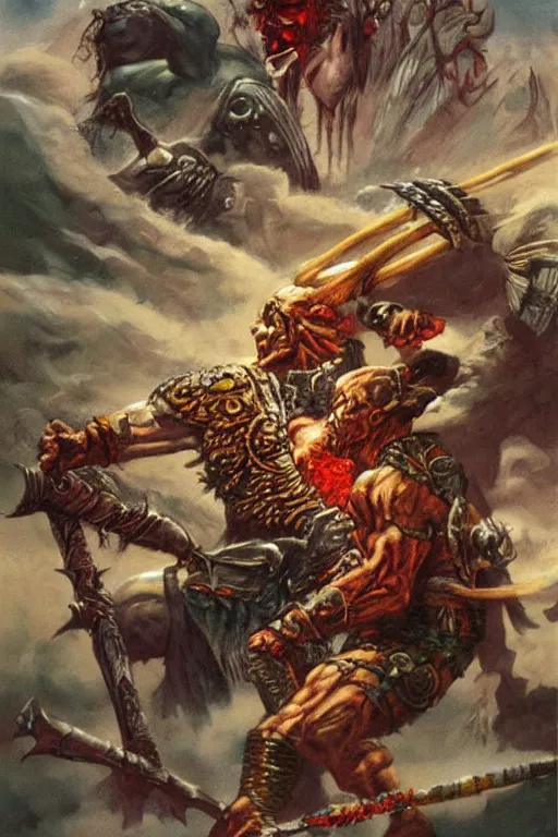 Prompt: the undead barbarian warrior fights a god, concept art by boris vallejo and michael whelan