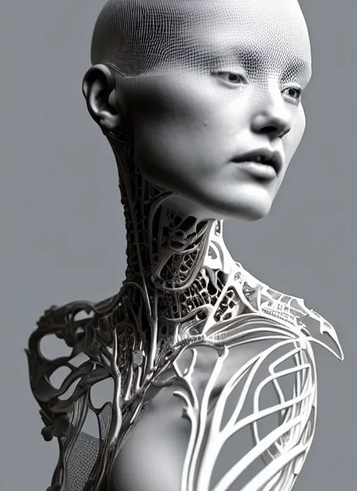 Image similar to complex 3d render ultra detailed of a beautiful porcelain profile young woman face, biomechanical cyborg, 200 mm lens, beautiful studio soft light, rim light, silver white gold red details, magnolia big leaves achromatic and stems, roots, fine foliage lace, mesh wire, Alexander Mcqueen high fashion haute couture, art nouveau fashion embroidered, intricate details, hyper realistic, ultra detailed, mandelbrot fractal, anatomical, facial muscles, cable wires, microchip, elegant, octane render, H.R. Giger style, 8k post-production, trending on Artstation