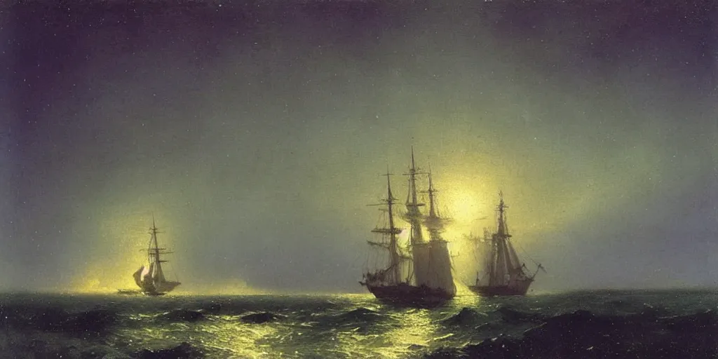 Prompt: “ a single three - masted sail ship beset in solid white ice, nighttime, aurora borealis, painting by ivan aivazovsky ”