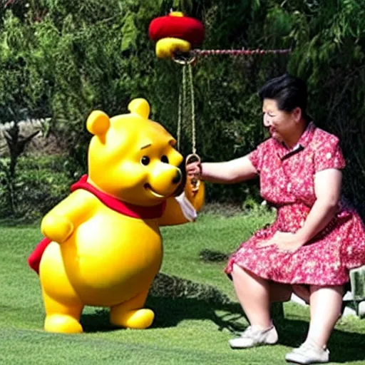 Image similar to xi jinping pushing winnie the pooh sitting on a swing