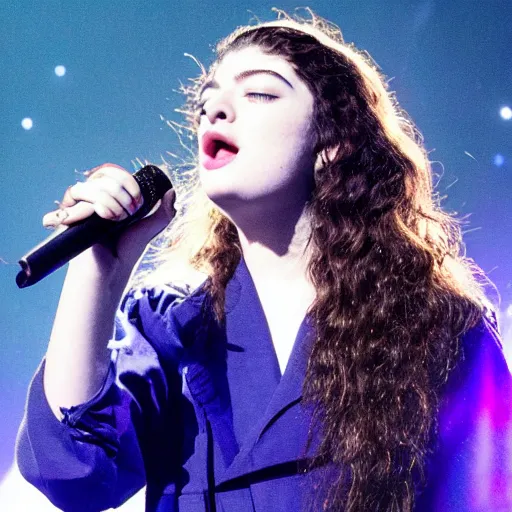 Image similar to lorde singing in a concert during a navy blue night