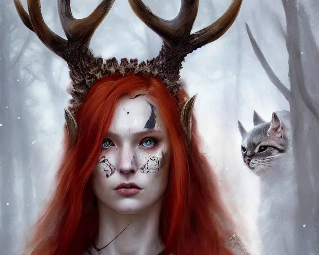 Prompt: 5 5 mm portrait photo of an armored gorgeous aesthetic redhead woman warrior with a face tattoo and antlers growing from her head and cat on her shoulder, in a magical forest. dark atmosphere. art by greg rutkowski. highly detailed 8 k. intricate. lifelike. soft light. nikon d 8 5 0.