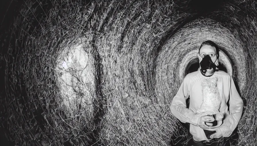 Prompt: high realistic photo portrait of a man with a taxidermic meat mask and elaborate flesh dress in a liminal space style tunnel, early black and white 8mm, heavy grain, high quality,