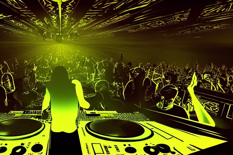 Image similar to beautiful digital art of a dj on stage spinning records with headphones looking over crowd dancing at a club by moebius and hans rudi giger, silhouette, volumetric lighting, haze, moving heads light beams, spot lights, disco ball, trending on artstation, 4k, unreal engine, intricate, ornate