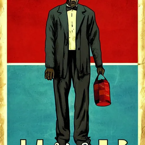 Image similar to Gustavo Fring depicted in an old style propaganda poster